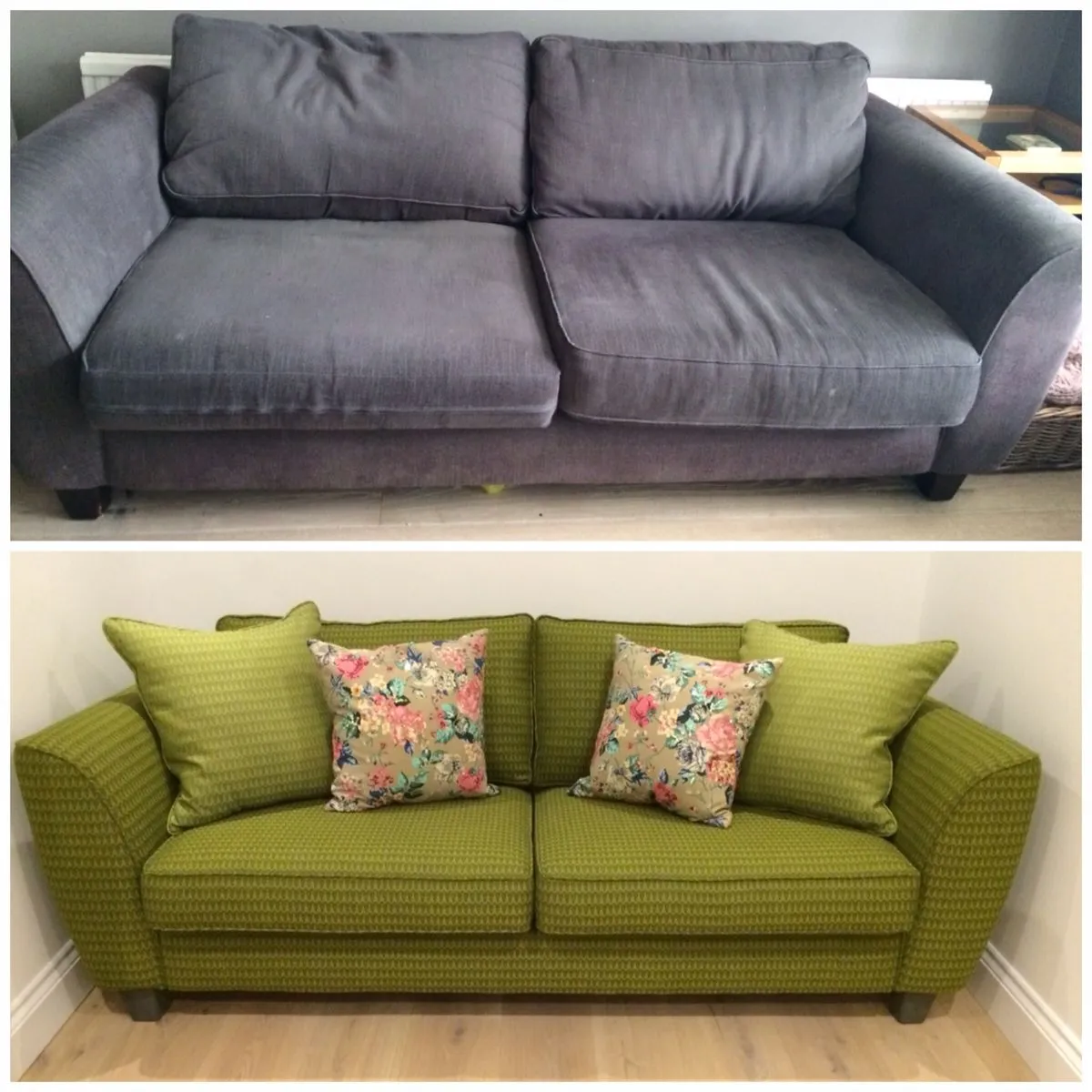 L-shape sofa upholstery before and after